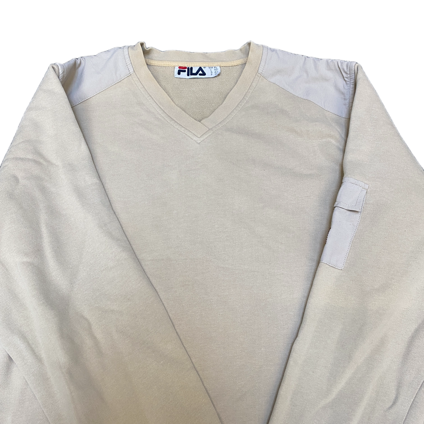 Vintage Fila Sweatshirt Mens Medium Beige Pocket Long Sleeve V-Neck Pullover