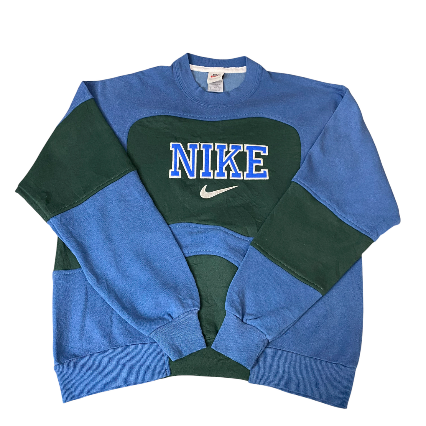 Nike Reworked Sweatshirt Mens Small Blue Green Embroidered Spellout Logo Vtg Y2K