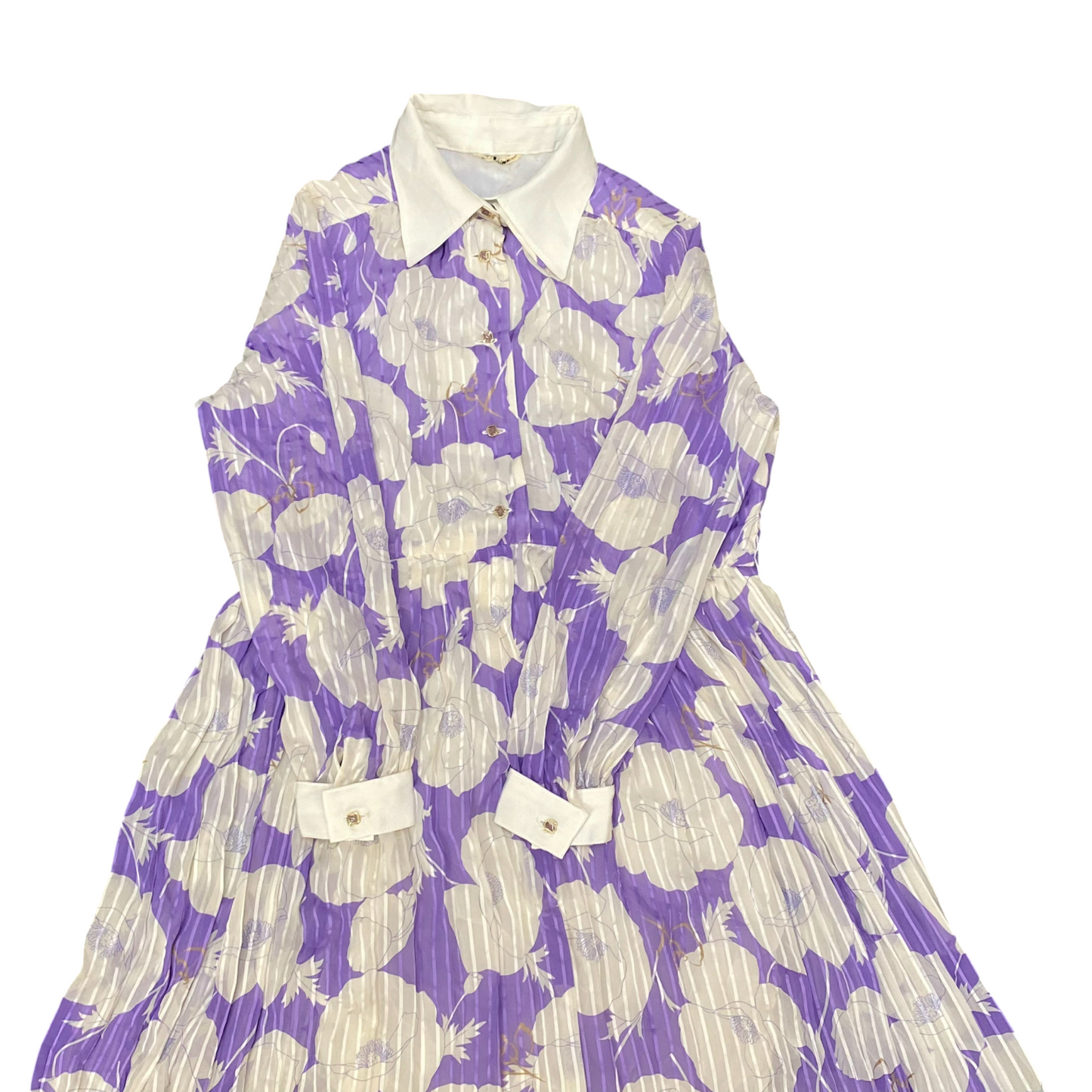 Women A Line Dress M White Purple Floral Print Long Sleeve Collared Button Front