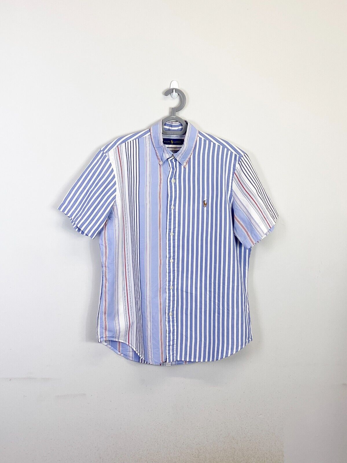 Ralph Lauren Shirt Mens M Blue Striped Short Sleeve Small Brown Polo Pony Logo