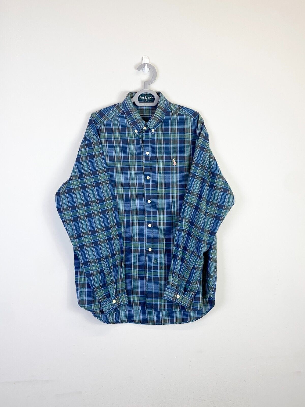 Ralph Lauren Dress Shirt Mens XL Blue Greenish Plaid Small Brown Polo Pony Logo