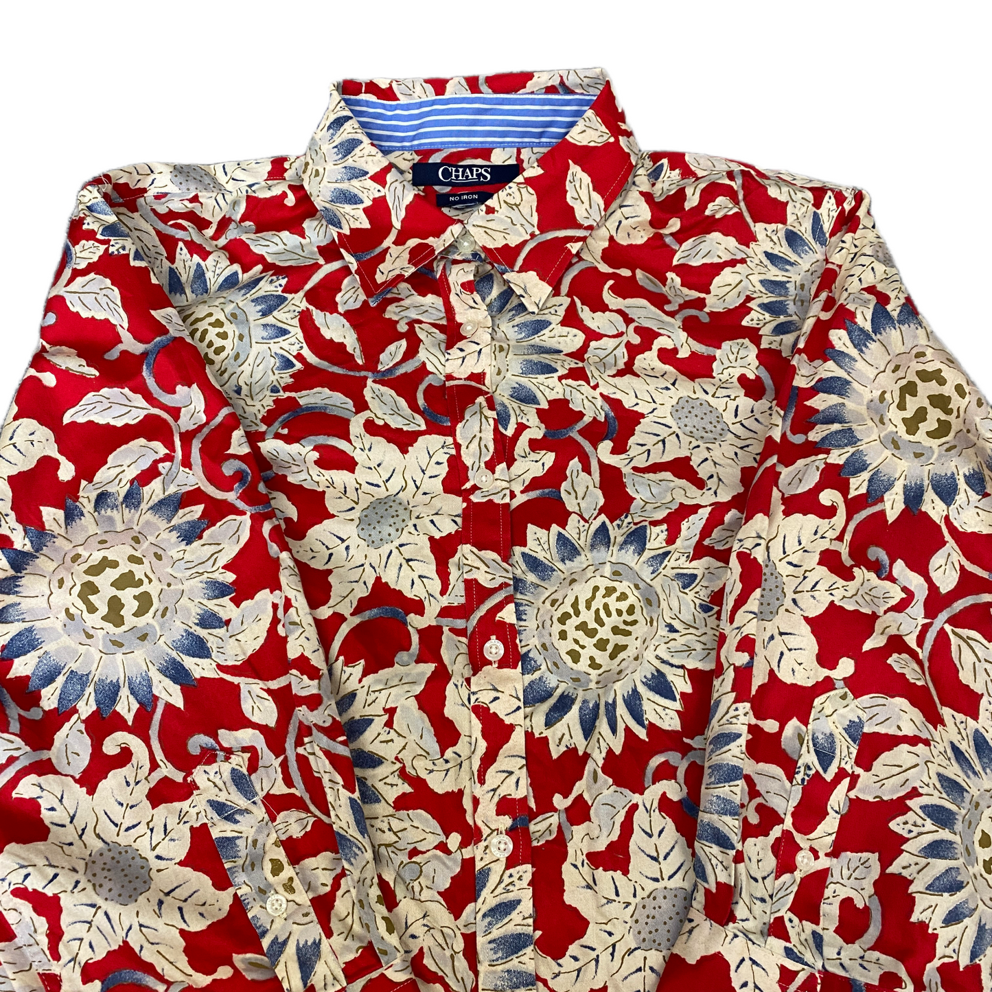 Chaps Shirt Womens L Red Beige Floral Non-Iron Long Sleeve Collared Button Up