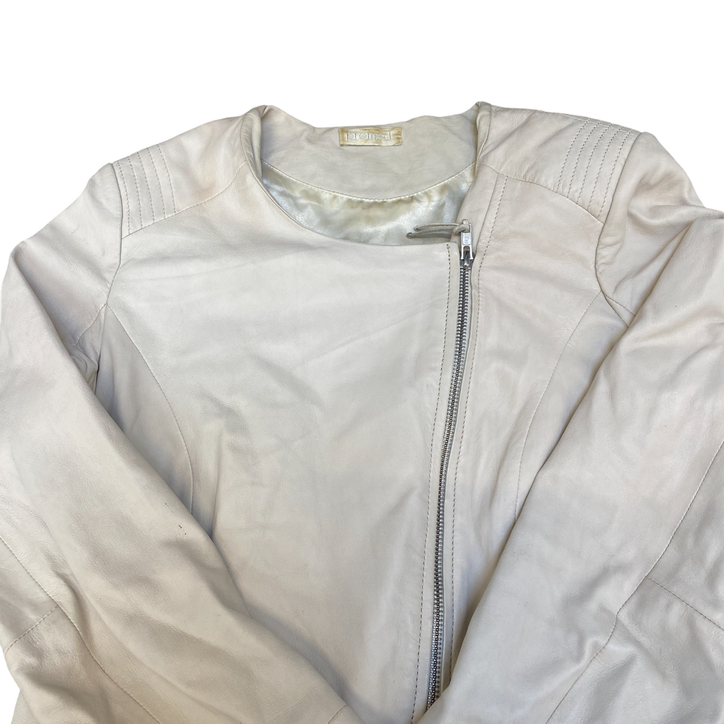 Promod Leather Motorcycle Jacket Women Medium White Long Sleeve Asymmetrical Zip