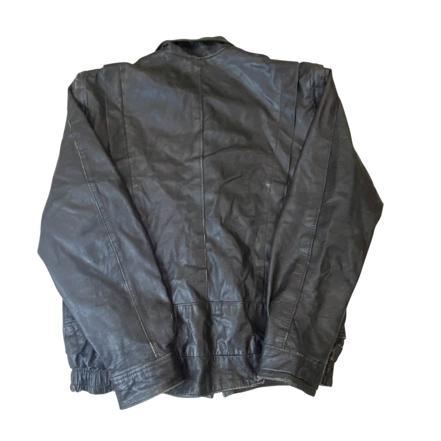 Jacket Mens Large Black Genuine Leather Pockets Long Sleeve Collared Snap Front