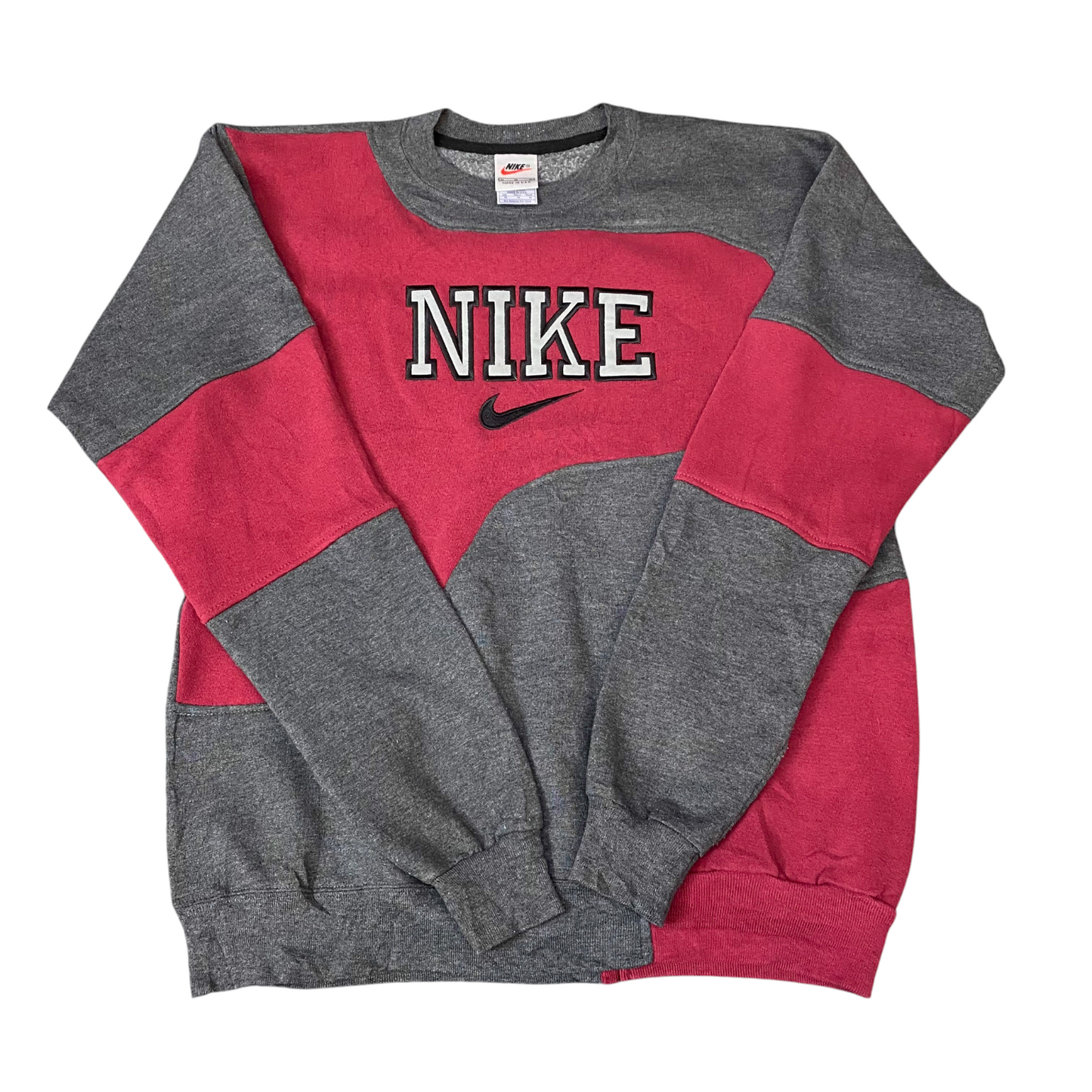 Nike Reworked Sweatshirt Mens M Red Grey Embroidered Spellout Logo Vintage Y2K