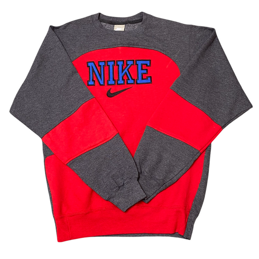 Nike Reworked Sweatshirt Mens Small Grey Red Spellout Logo Crewneck Vintage Y2K