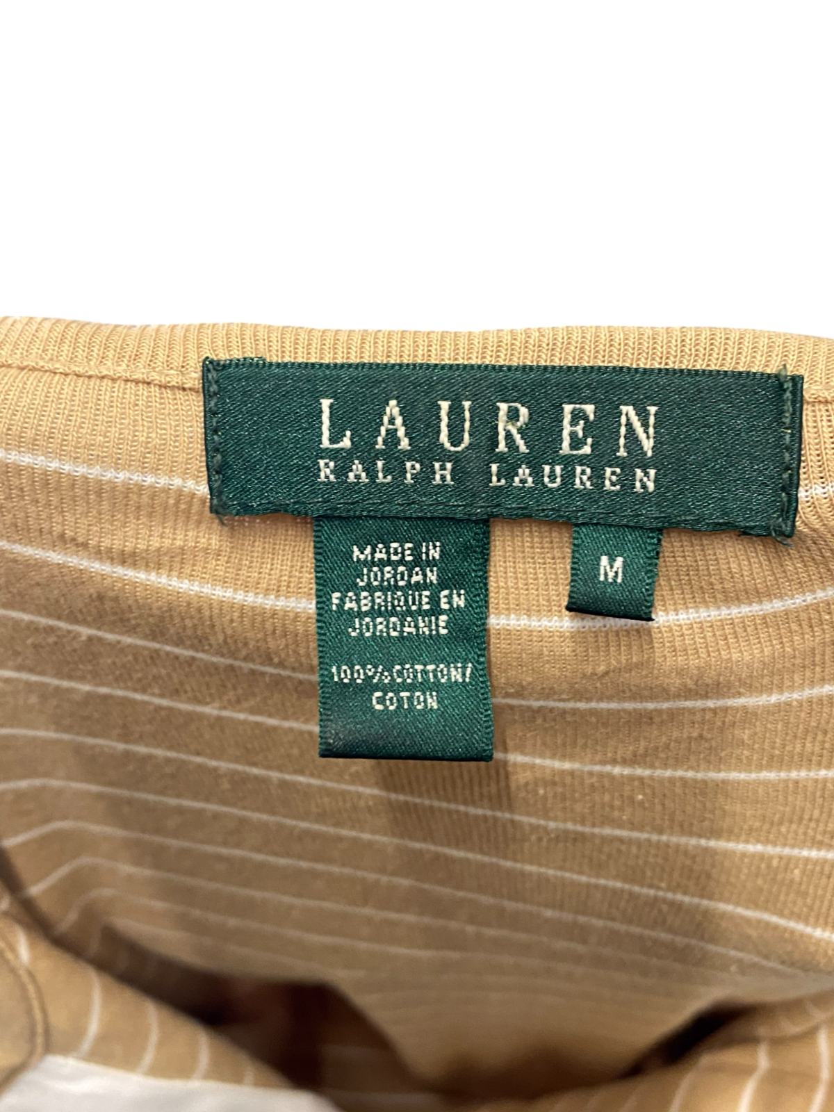 Ralph Lauren Tee Shirt Women Medium Brown Striped Roll Tab Sleeve Slit V Neck