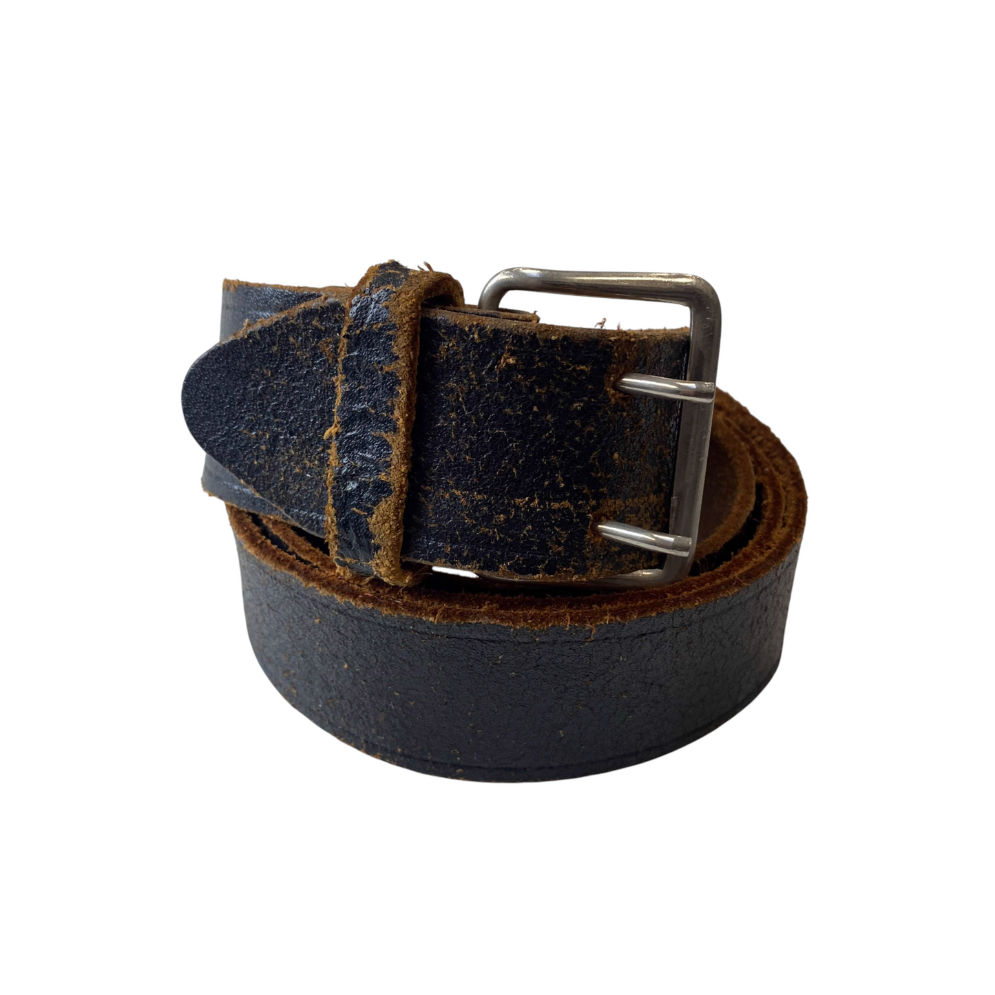 Mens Casual Waist Belt Black Leather Adjustable Double Pin Buckle Size 44.5 in