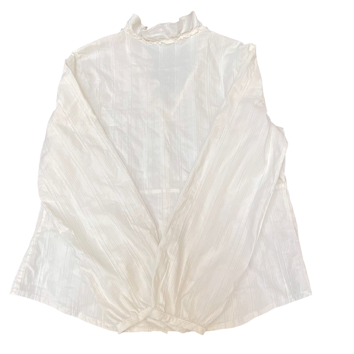 M&S Blouse Top Womens M White Striped Ruffled Trim Long Sleeve Button Front