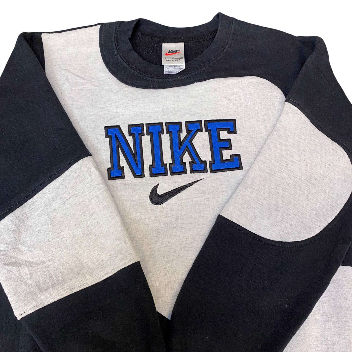 Nike Reworked Sweatshirt Mens S Black Grey Embroidered Spellout Logo Vintage Y2K