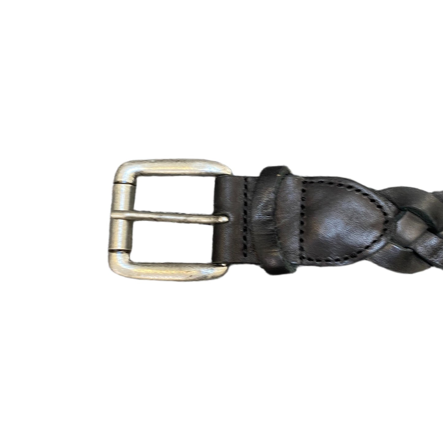 Waist Belt Mens Black Leather Braided Woven Silver Roller Buckle 40 Inches