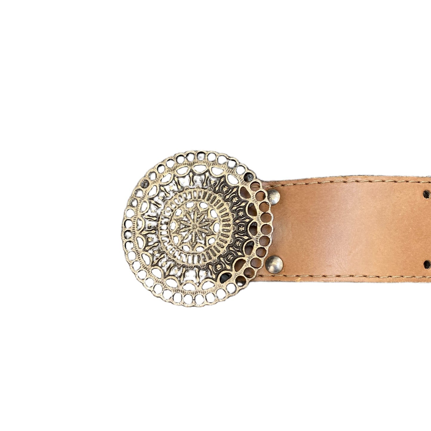 Waist Belt Womens Brown Leather Round Bronze Boho Filigree Buckle 43 Inches