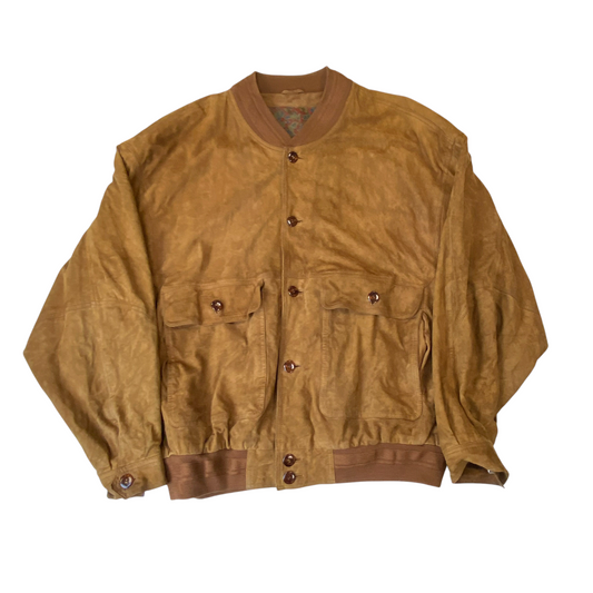 Bomber Jacket Mens Large Brown Suede Leather Pockets Long Sleeve Button Front