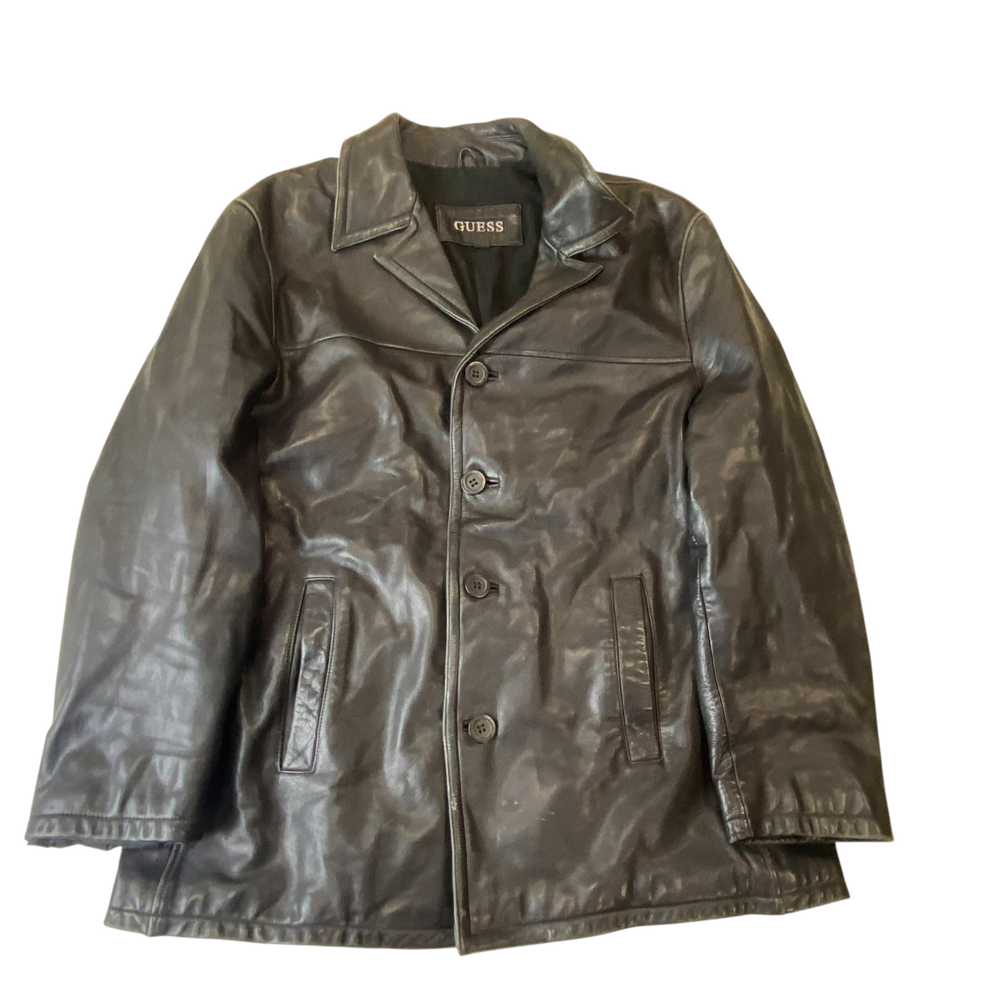 Guess Faux Leather Jacket Men Medium Black Long Sleeve Notch Collar Button Front