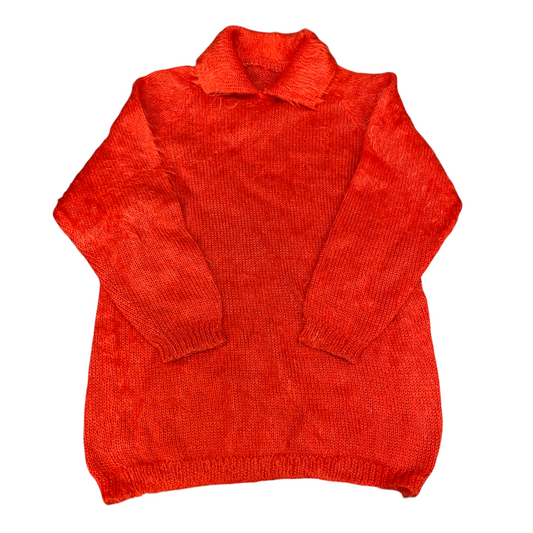Womens Pullover Jumper Small Orange Chunky Knit Fuzzy Soft Long Sleeve Collared