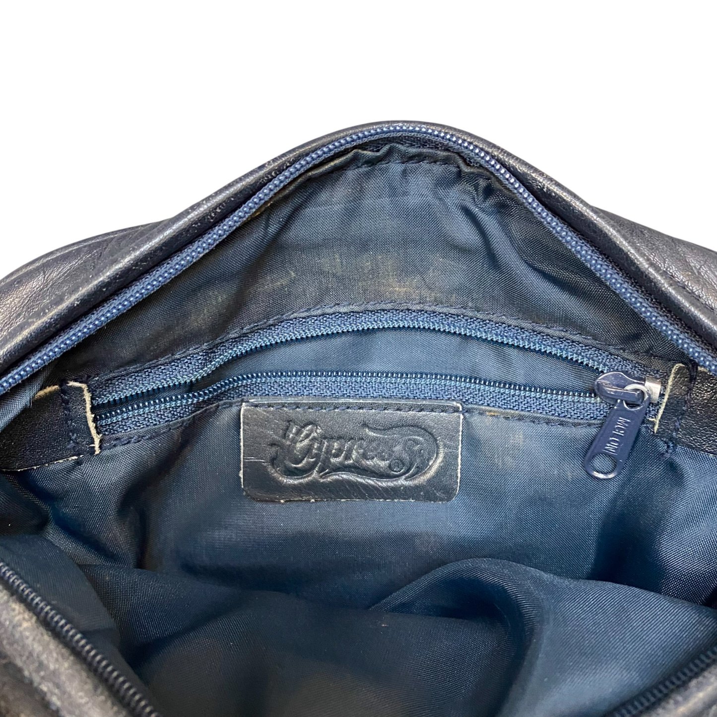 Cypress Crossbody Bag Womens Navy Blue Leather Adjustable Strap Zip Closure