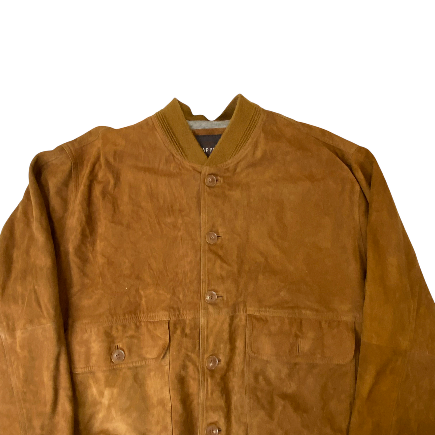 Trapper Bomber Jacket Mens Large Brown Suede Leather Flap Pockets Button Front