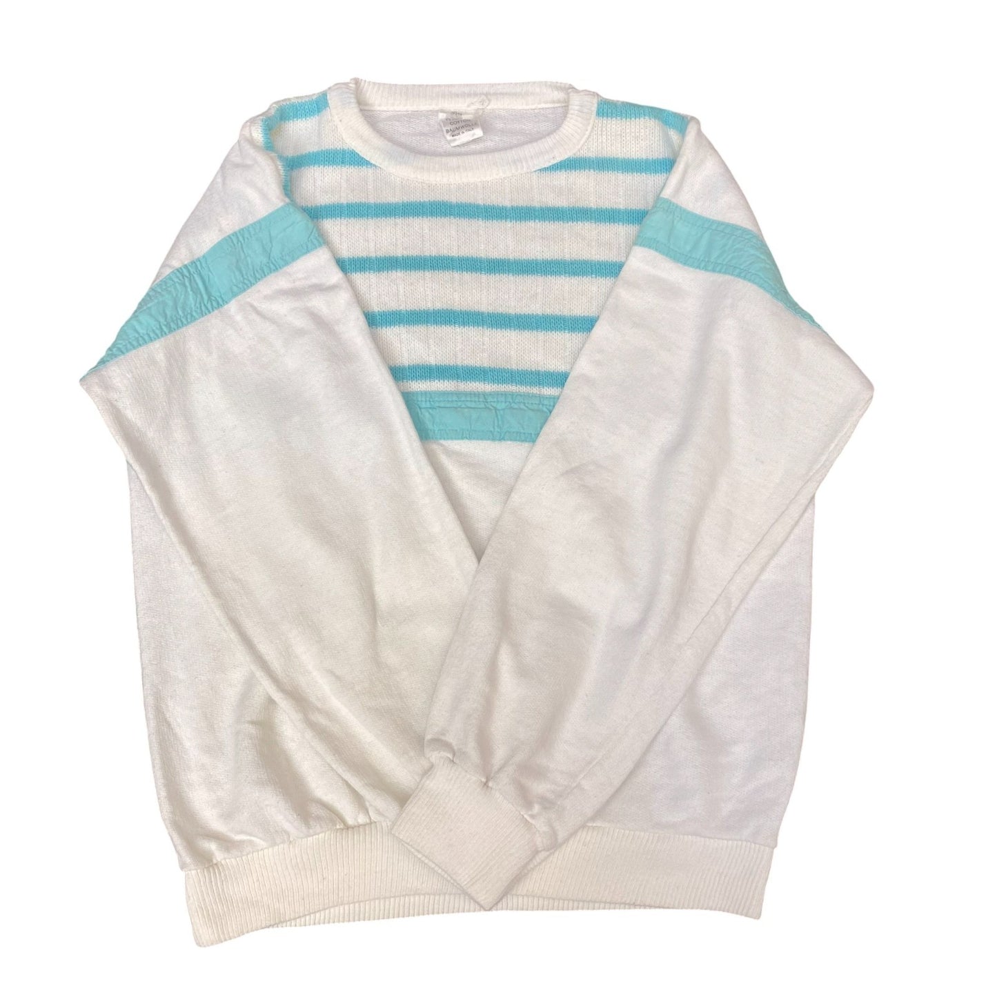 Sweatshirt Womens Medium White Blue Striped Long Sleeve Crew Neck Pullover