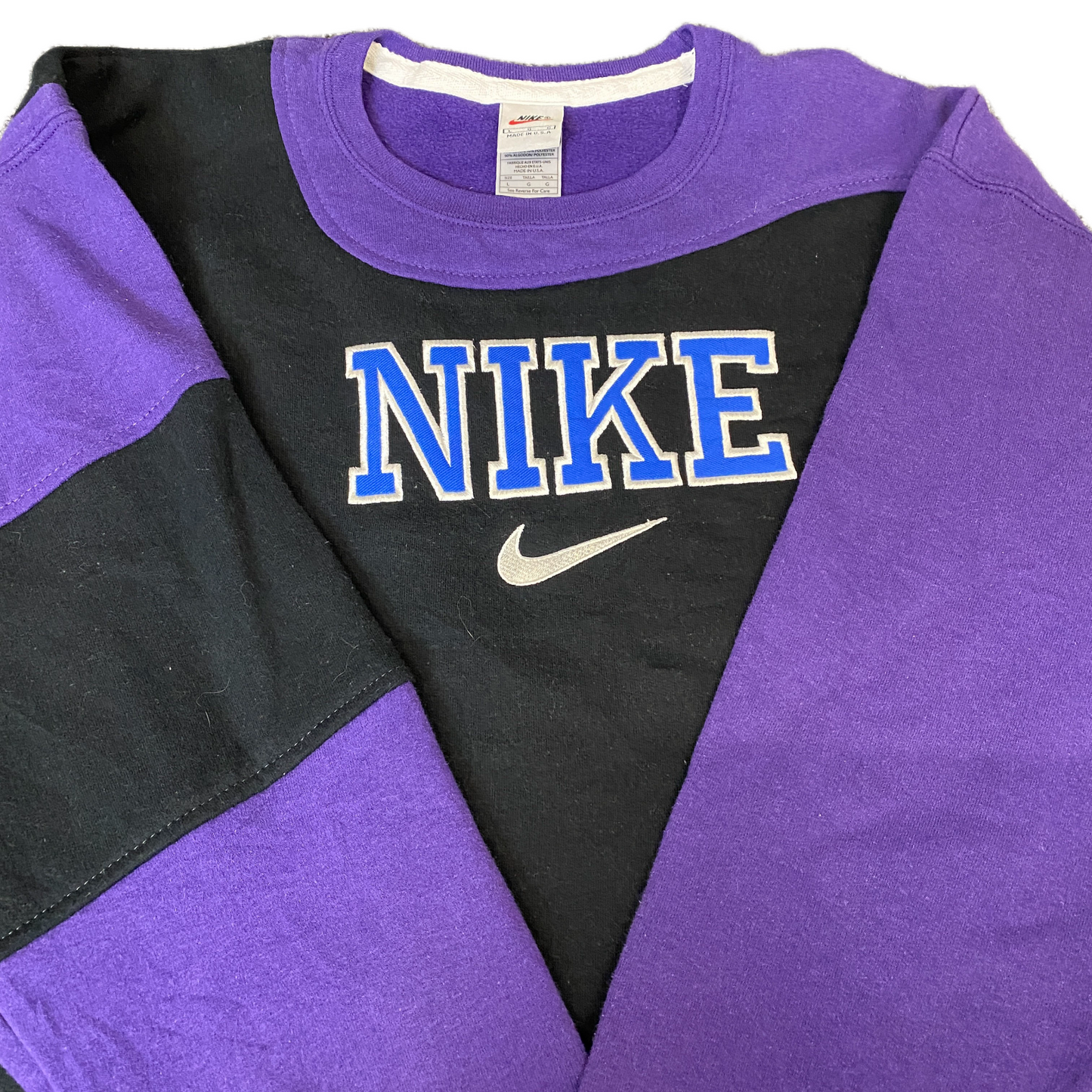 Nike Reworked Sweatshirt Mens L Black Purple Embroidered Spellout Logo Vtg Y2K
