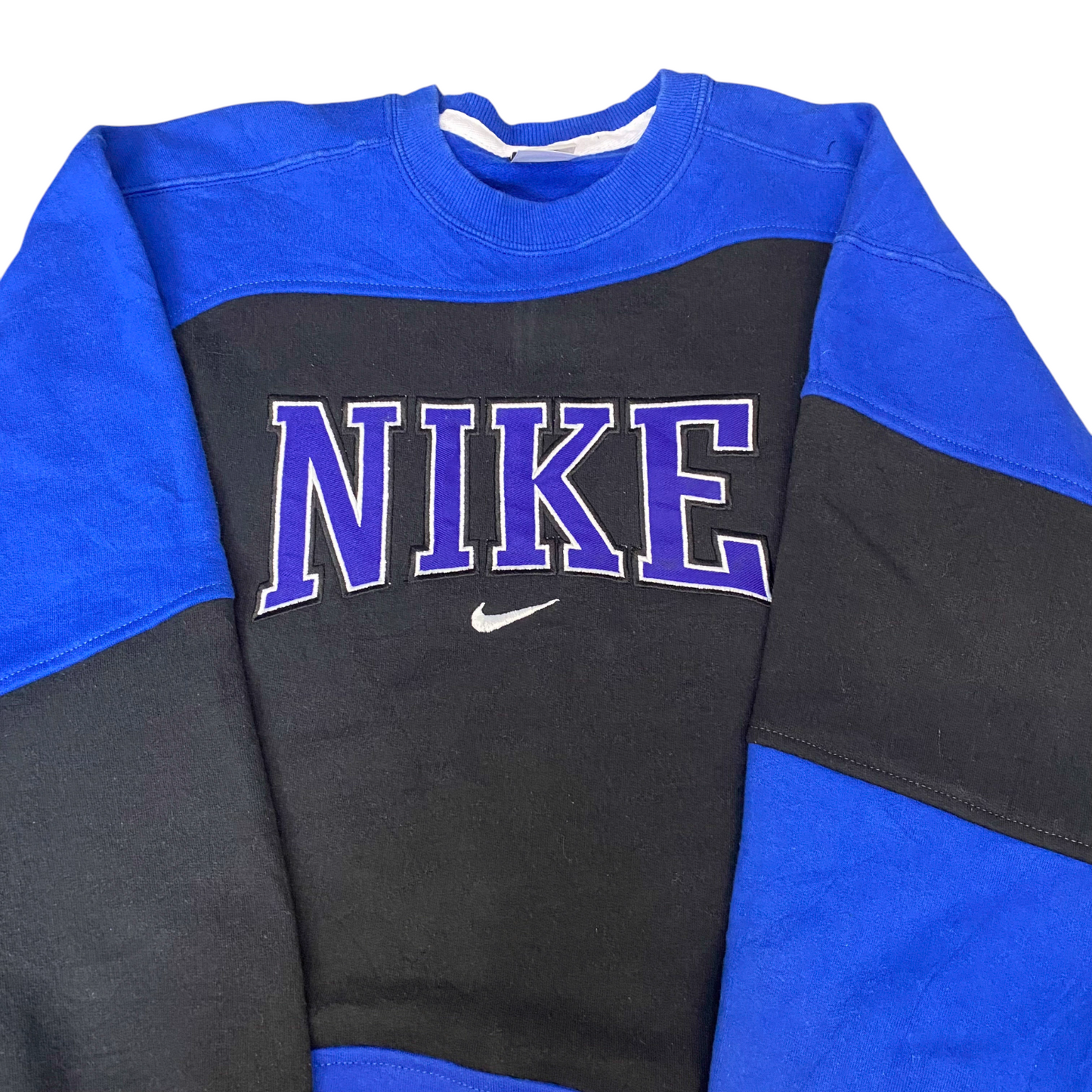 Nike Reworked Sweatshirt Mens L Blue Black Embroidered Spellout Logo Vintage Y2K