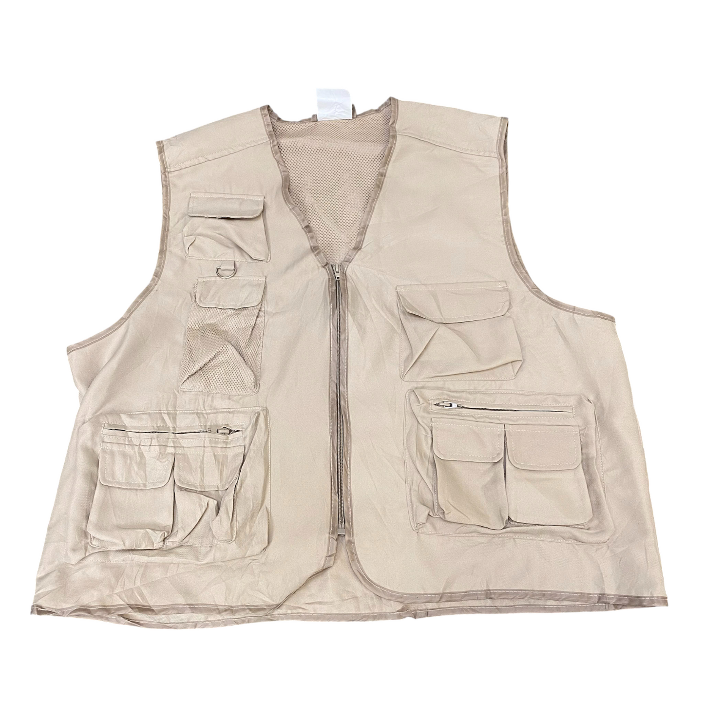 Fishing Vest Mens XXL Cream Mesh Lined Pockets Sleeveless V-Neck Full Zipper