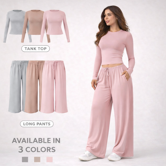 Women’s Soft Stretch Lounge Set | Long Sleeve Ruched Top & Wide Leg Joggers | Comfy 2 Piece Tracksuit
