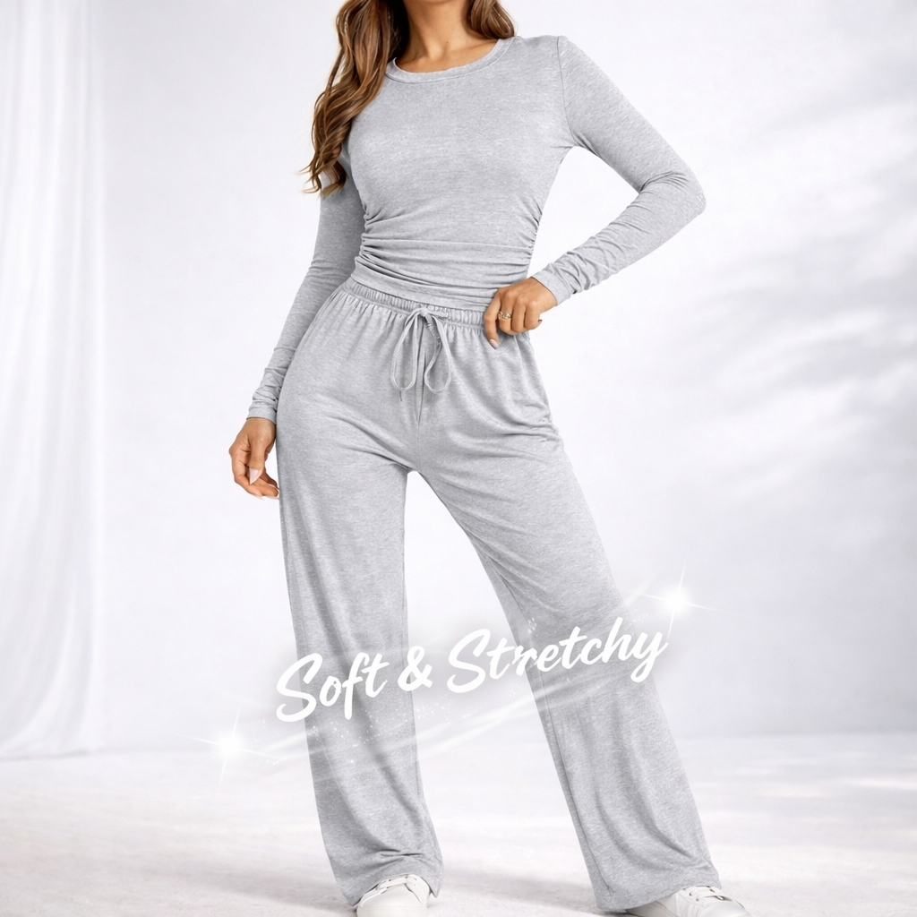Women’s Soft Stretch Lounge Set | Long Sleeve Ruched Top & Wide Leg Joggers | Comfy 2 Piece Tracksuit