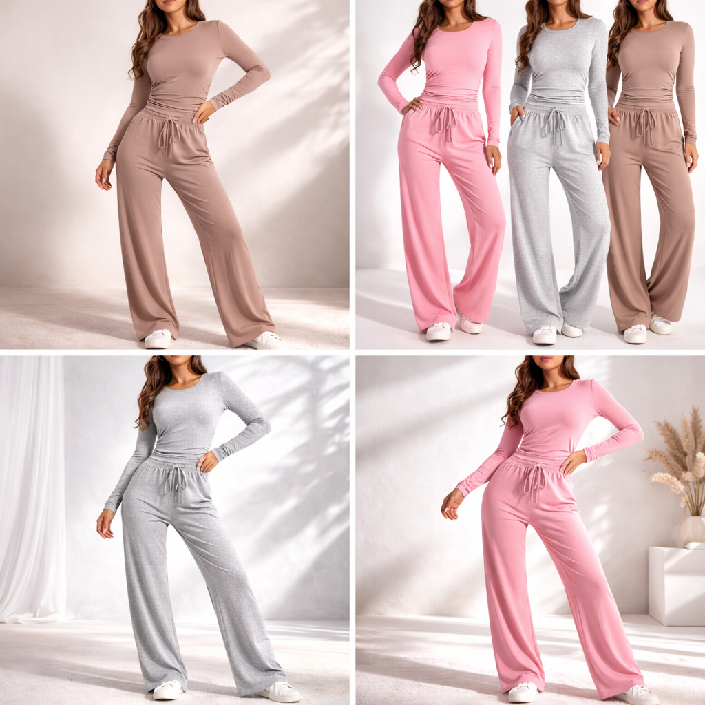 Women’s Soft Stretch Lounge Set | Long Sleeve Ruched Top & Wide Leg Joggers | Comfy 2 Piece Tracksuit